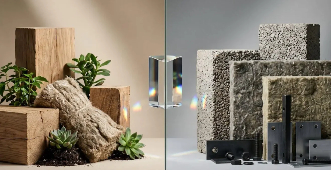 Scène symbolique comparant l'impact environnemental réel de solutions de construction vertes et classiques analysées par ACV