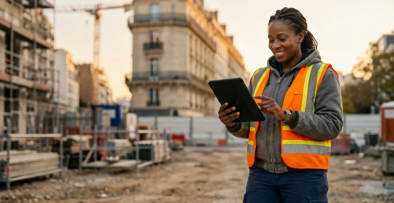 Artisan du bâtiment utilisant une tablette numérique sur un chantier pour gérer ses devis et factures de manière automatisée