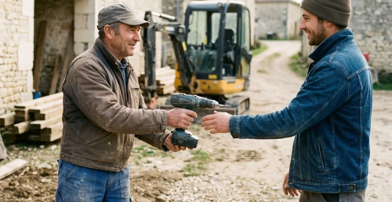 Artisans collaborant sur un chantier avec équipements partagés