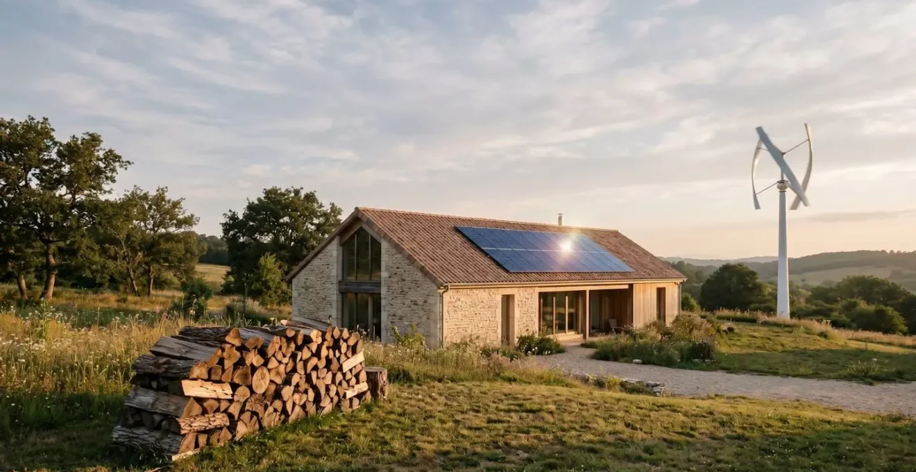 Installation énergétique hybride combinant panneaux solaires, éolienne domestique et stockage de bois pour une maison autonome en France