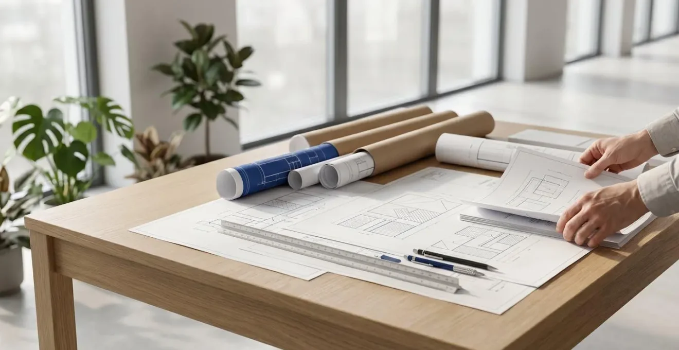 Bureau d'études travaillant sur des plans de construction et documents techniques pour permis de construire