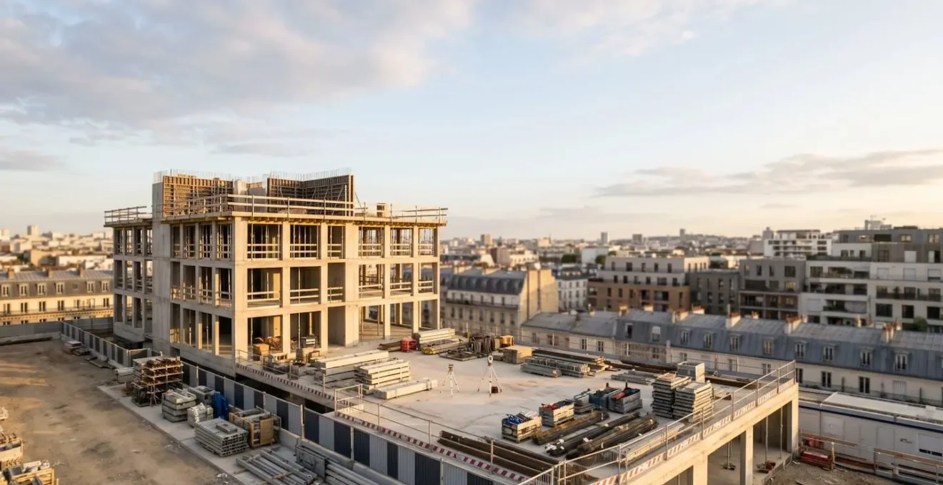 Chantier de construction moderne avec technologies numériques et coordination BIM