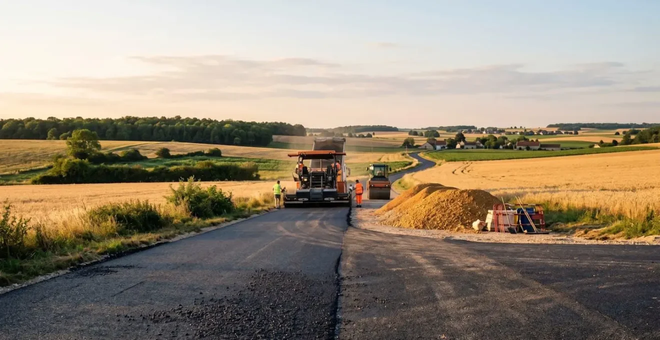 Chantier routier moderne intégrant des matériaux recyclés pour une route bas carbone