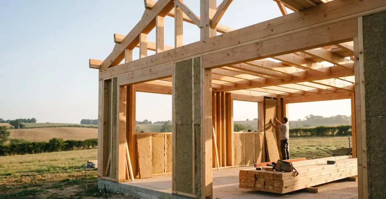 Chantier de construction moderne utilisant des matériaux biosourcés avec structure en bois apparente