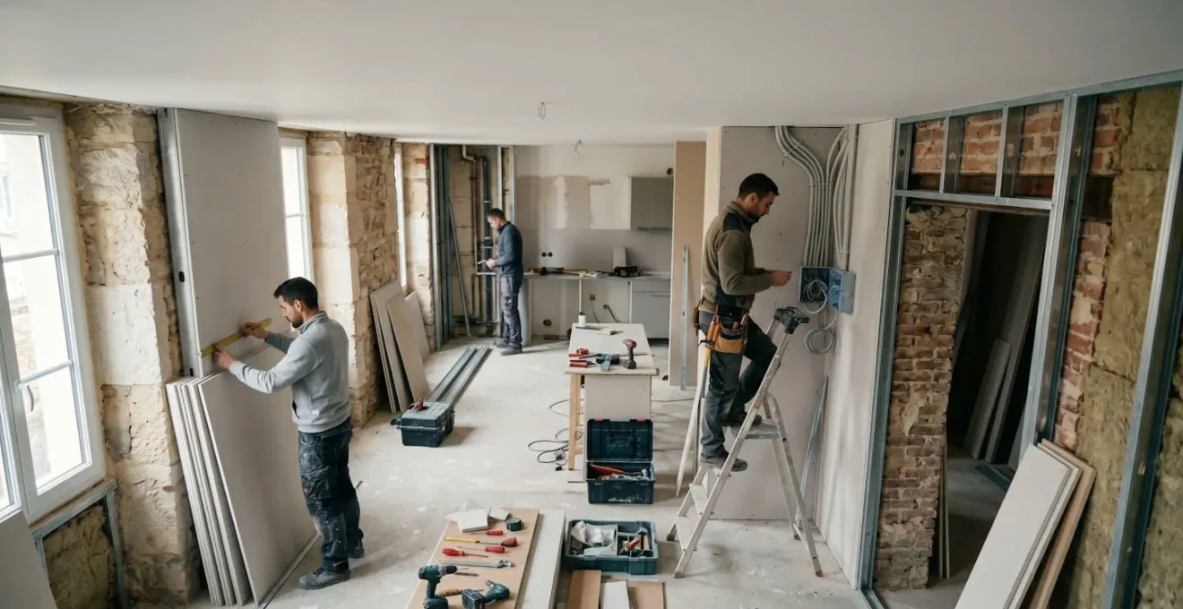 Coordination harmonieuse de plusieurs corps de métier sur un chantier de rénovation français