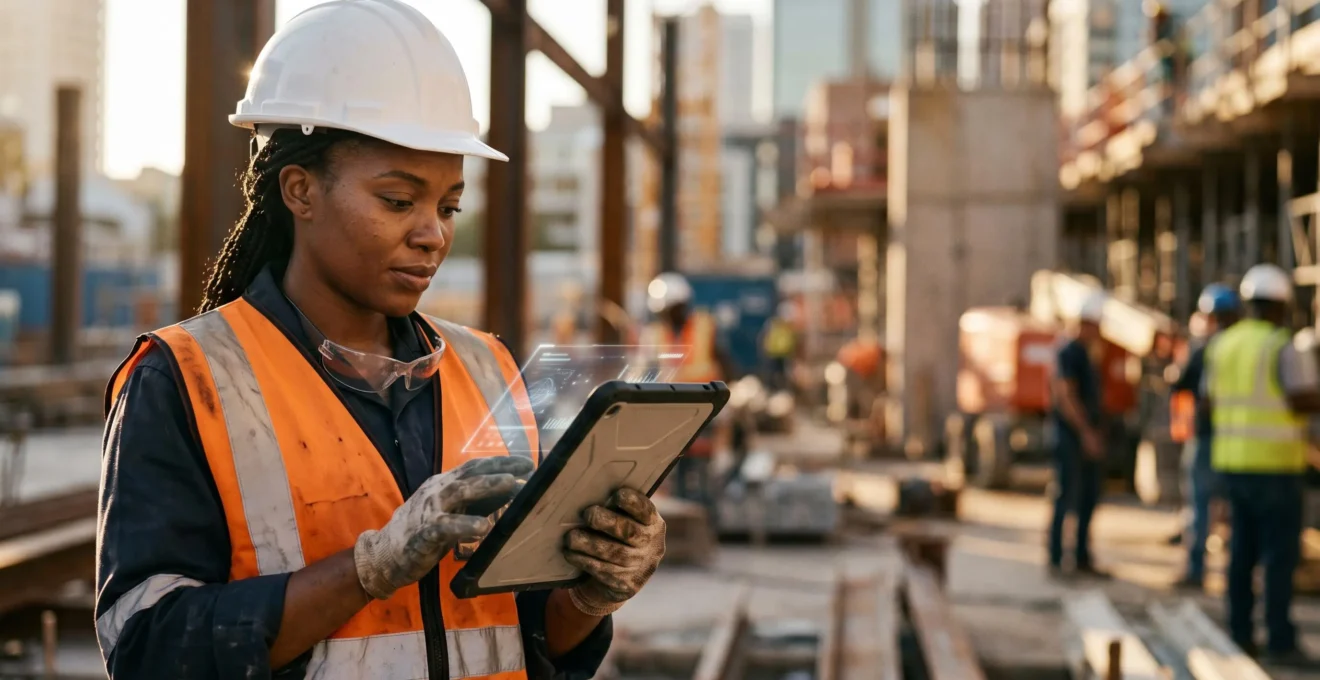 Professionnel du bâtiment utilisant une tablette numérique sur un chantier de construction moderne