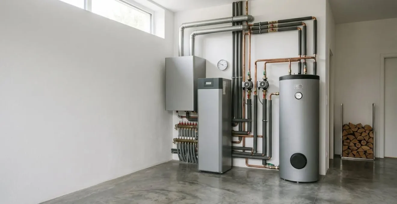 Vue architecturale d'une installation technique de chauffage moderne dans un intérieur contemporain français
