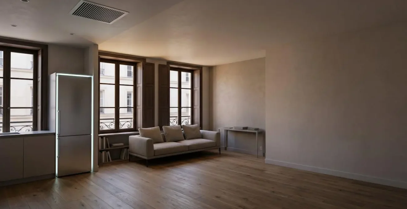 Intérieur domestique moderne avec détails architecturaux révélant les sources cachées de consommation énergétique