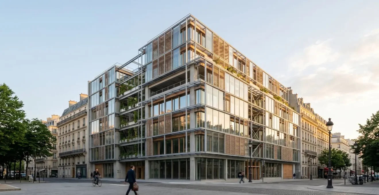 Vue architecturale moderne d'un immeuble de bureaux contemporain intégrant des innovations technologiques