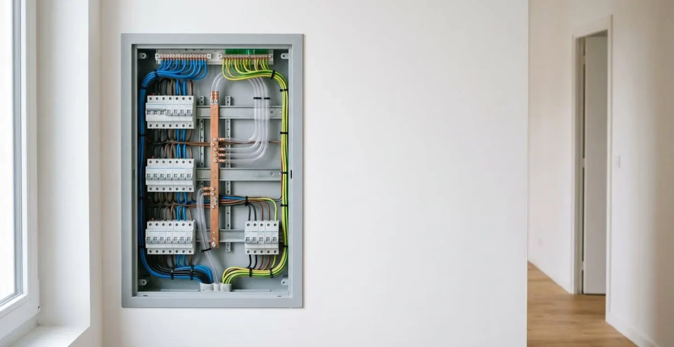 Installation électrique moderne et futuriste dans une maison contemporaine française avec tableau divisionnaire et technologies connectées