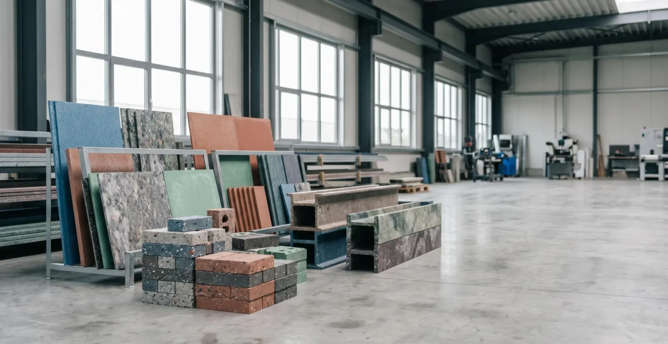 Matériaux de construction écologiques intégrant du plastique recyclé dans un environnement industriel moderne