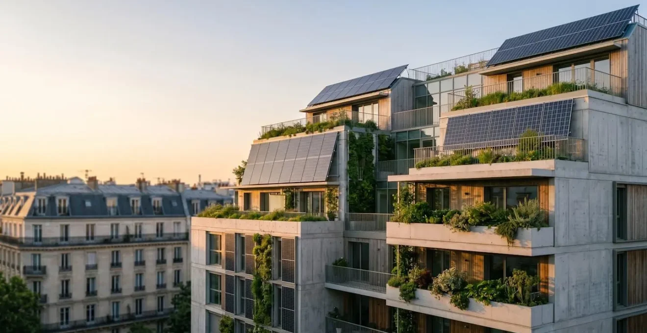 Vision architecturale moderne d'un immeuble résidentiel durable intégrant des technologies écologiques et des espaces de vie évolutifs