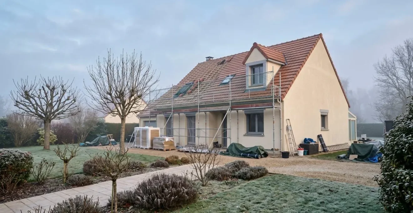 Vue architecturale d'une maison française en cours de rénovation énergétique montrant l'amélioration thermique