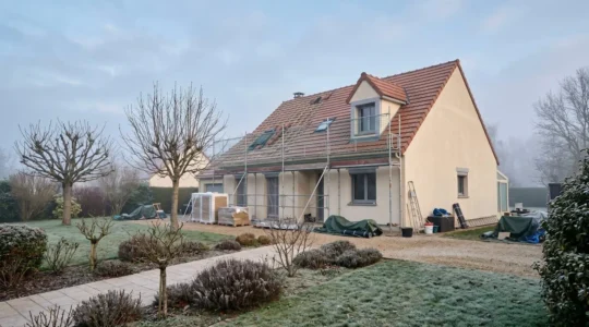 Vue architecturale d'une maison française en cours de rénovation énergétique montrant l'amélioration thermique