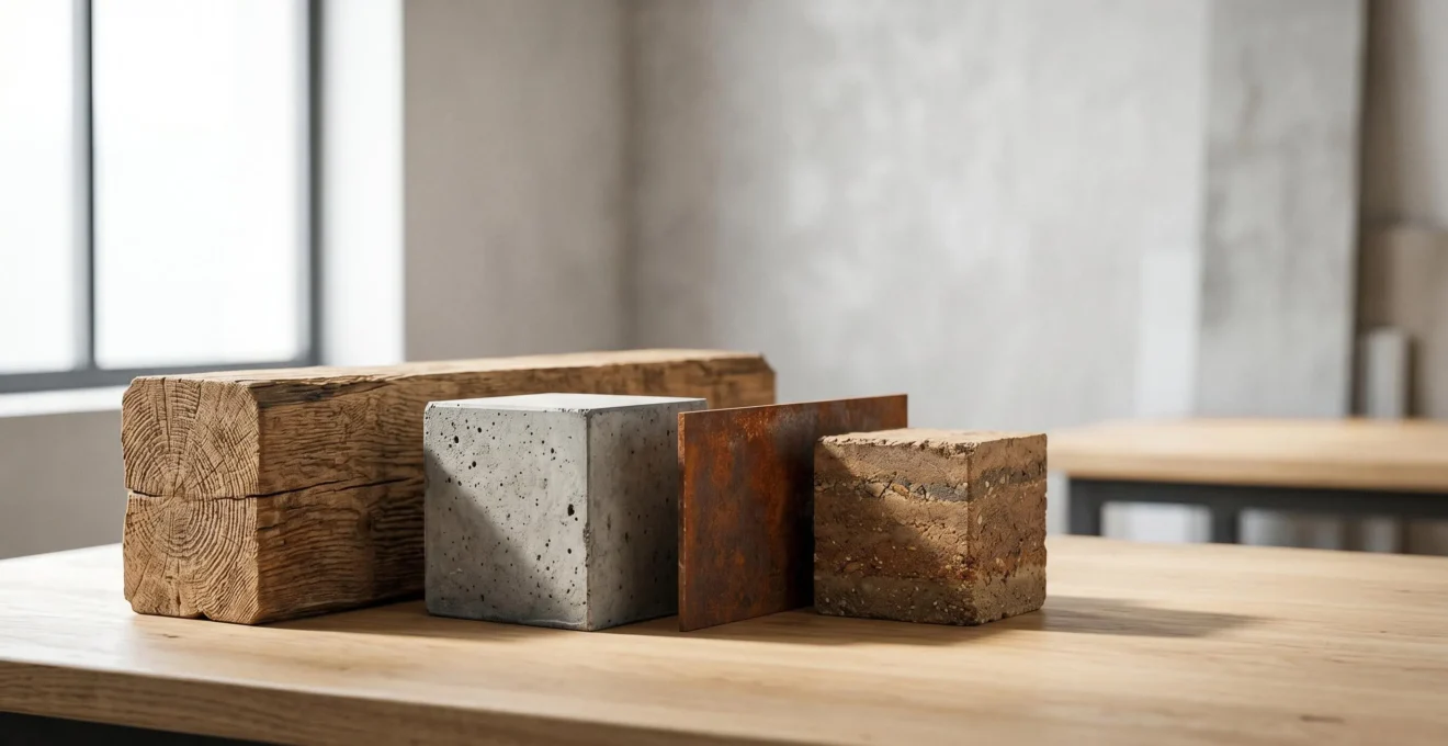 Échantillons de matériaux de construction écologiques disposés sur une surface en bois naturel