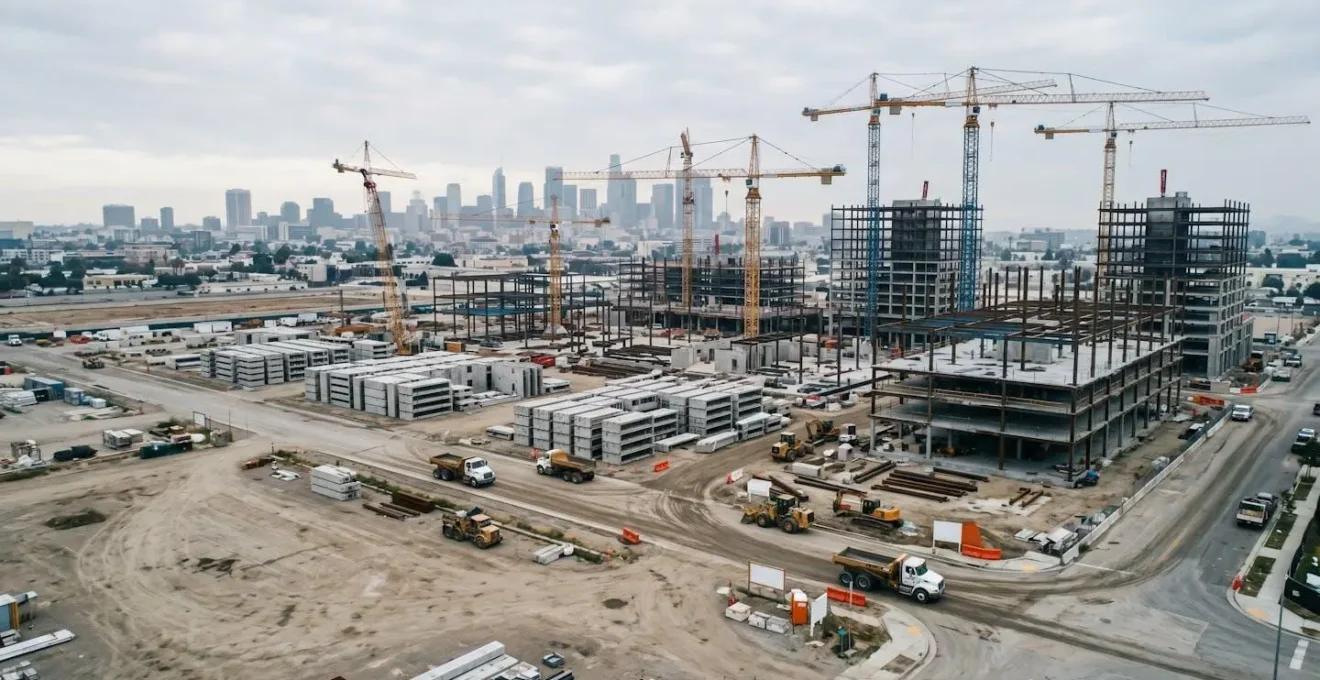 Vue aérienne d'un immense chantier urbain avec grues et structures en construction
