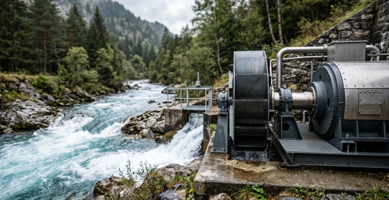 Turbine hydroélectrique en fonctionnement dans une microcentrale française avec eau en mouvement