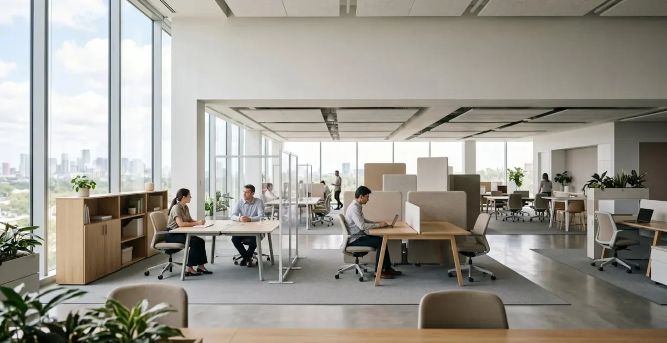 Vue grand angle d'un environnement de bureau flexible moderne avec zones de collaboration ouvertes et lumière naturelle tamisée