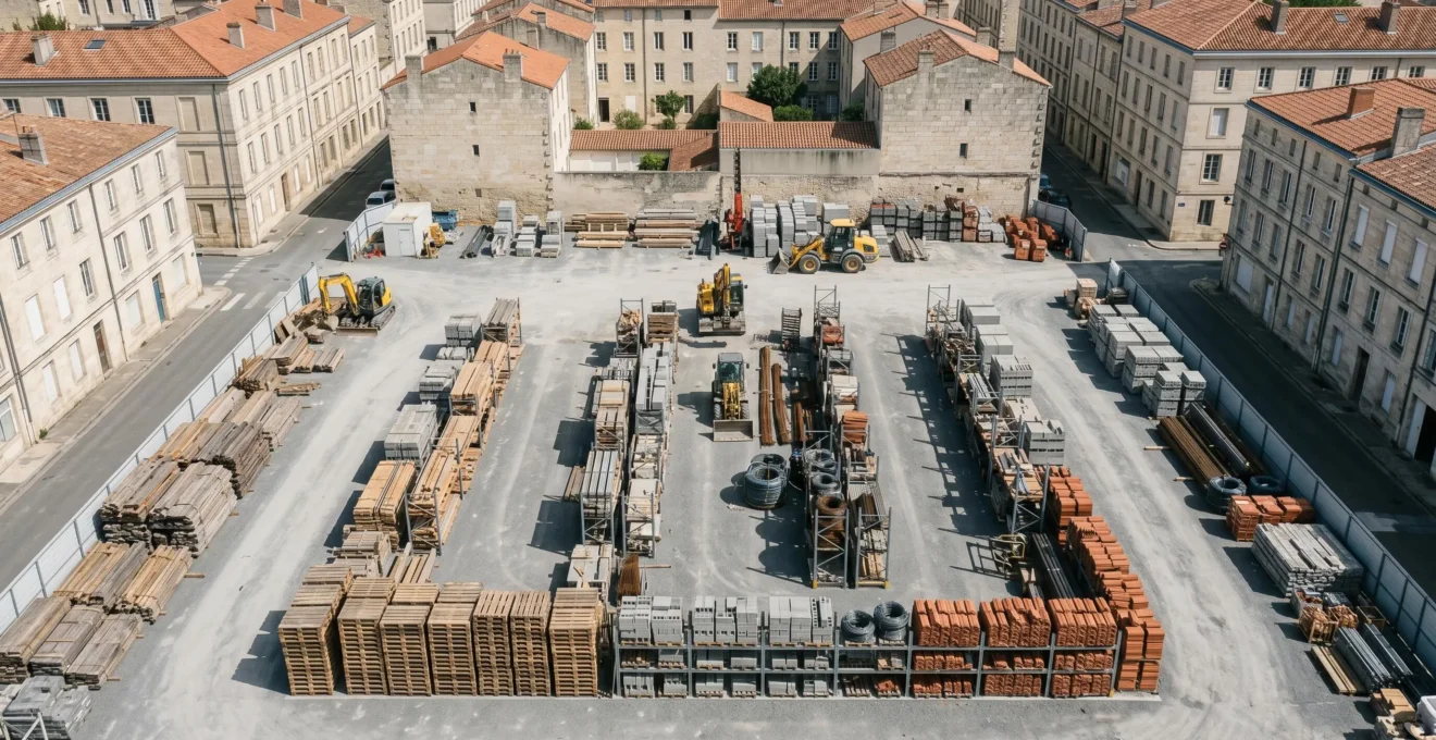 Vue d'ensemble d'un chantier de construction organisé avec zones de stockage et flux de circulation