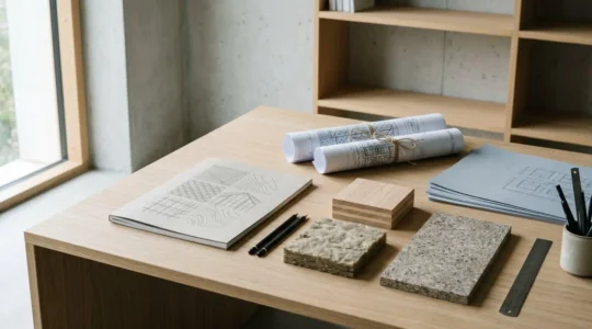 Dossier de permis de construire avec plans architecturaux et documents réglementaires RE2020 sur un bureau professionnel