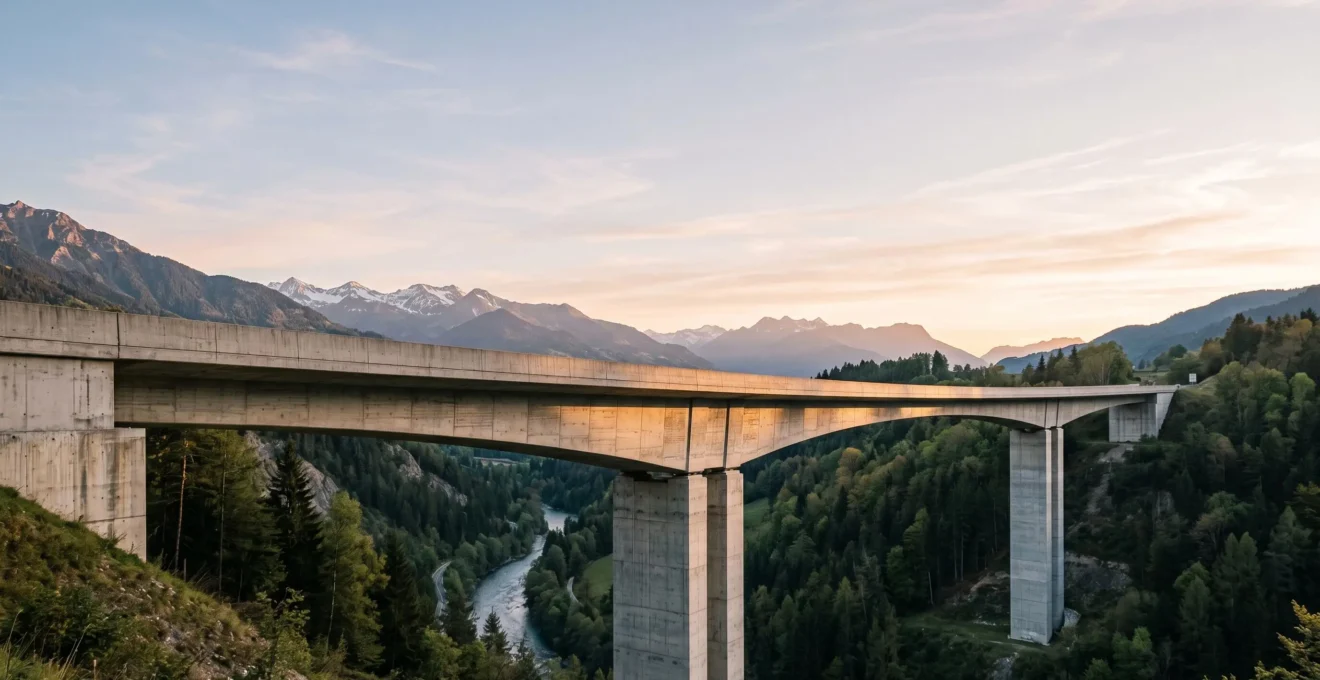 Perspective architecturale d'un pont en béton moderne franchissant une vallée, illustrant la durabilité et le dimensionnement des ouvrages d'art