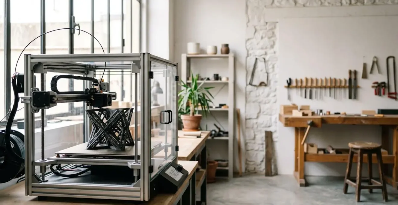 Vue d'atelier professionnel avec imprimante 3D en action créant un prototype fonctionnel