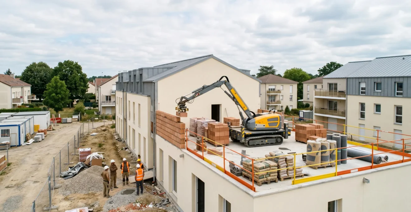 Robot de maçonnerie automatisé posant des briques sur un chantier de construction moderne