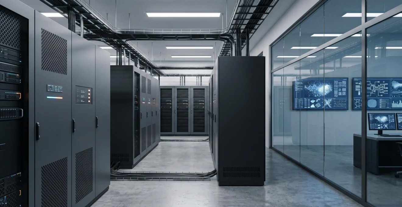 Infrastructure de serveurs de données dans un environnement de gestion technique de bâtiment moderne illustrant l'analyse prédictive