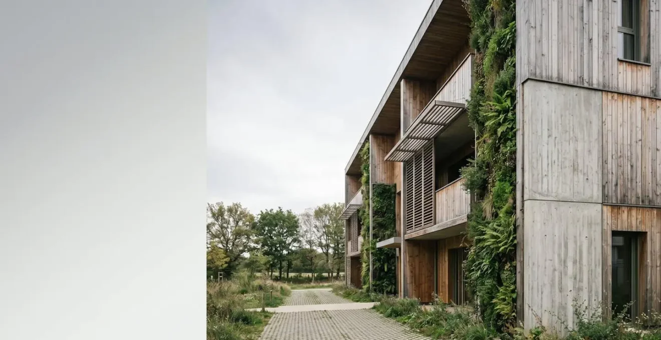 Vision architecturale moderne d'un bâtiment durable intégrant des matériaux biosourcés dans un environnement français contemporain