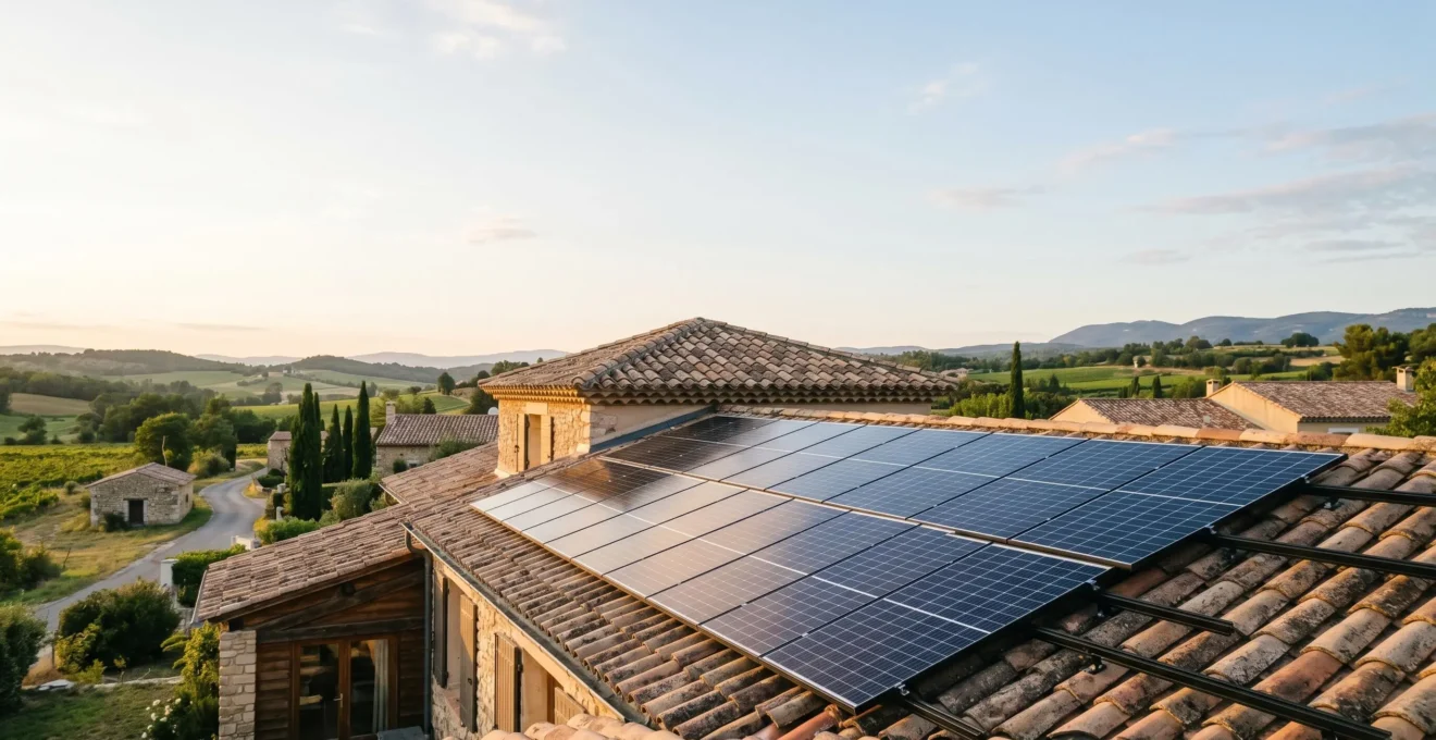 Toiture d'une maison résidentielle française équipée de panneaux solaires photovoltaïques sous un ciel ensoleillé