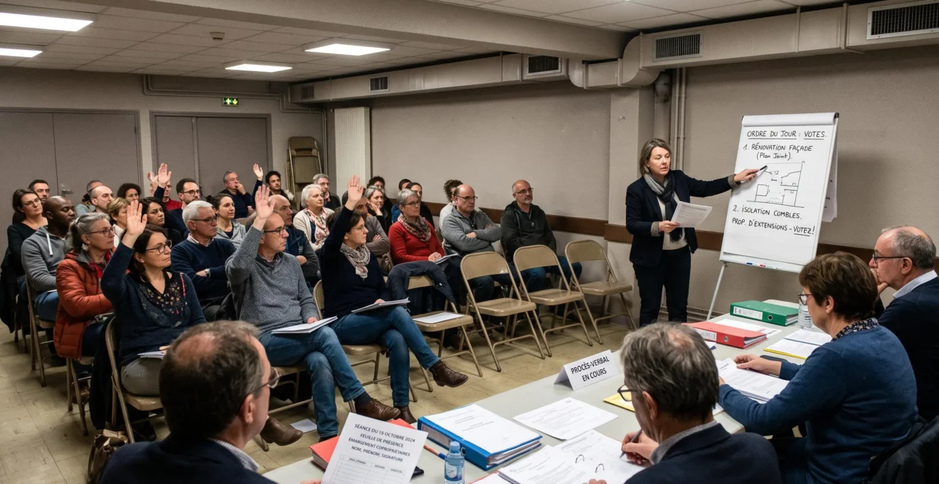 Assemblée générale de copropriété en salle polyvalente avec copropriétaires votant à main levée et syndic présentant un projet d'extension d'appartement