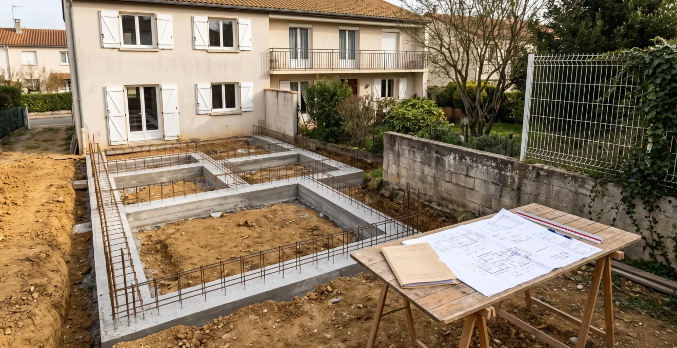 Chantier d'extension d'appartement rez-jardin avec fondations béton en cours de construction, dossier de permis de construire et plans techniques au premier plan, immeuble résidentiel en arrière-plan