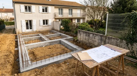 Chantier d'extension d'appartement rez-jardin avec fondations béton en cours de construction, dossier de permis de construire et plans techniques au premier plan, immeuble résidentiel en arrière-plan