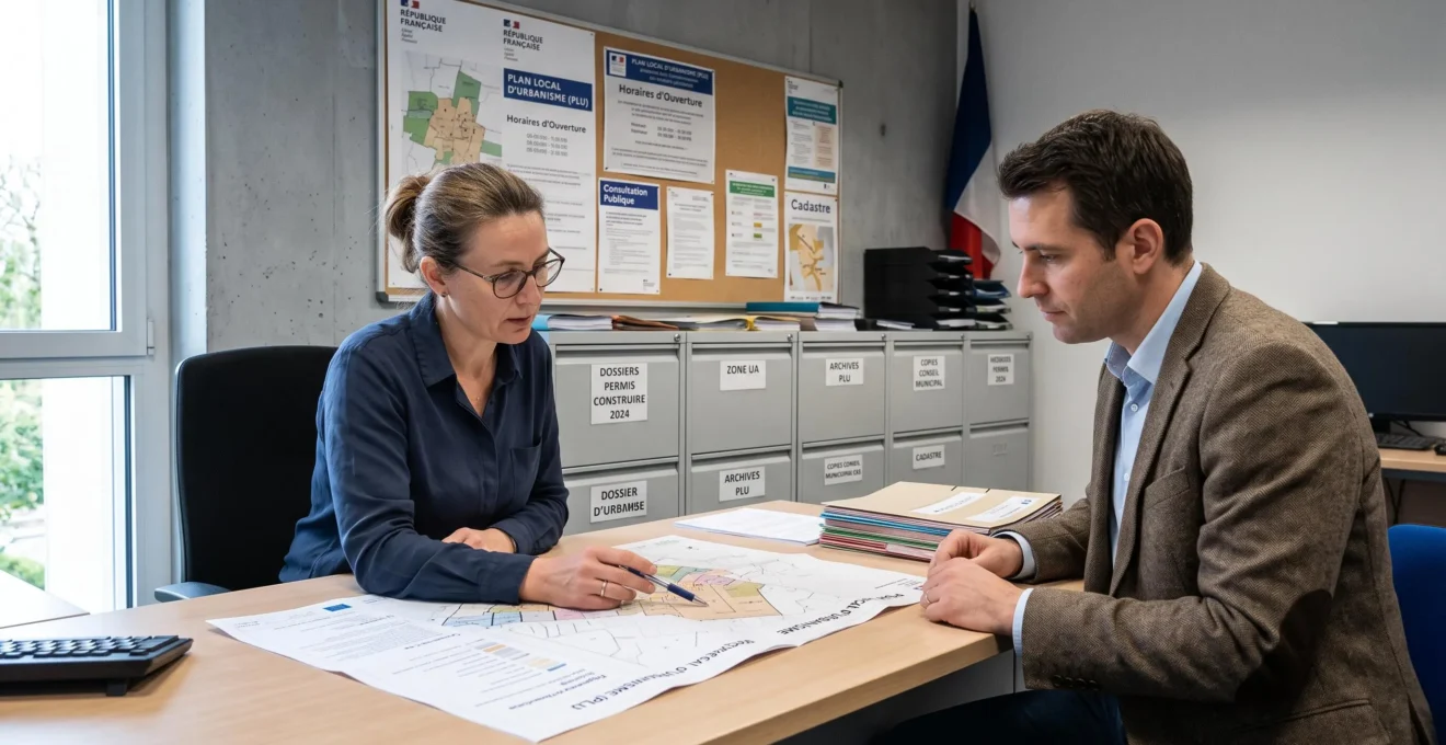 Agent du service urbanisme d'une mairie française consultant un document de Plan Local d'Urbanisme avec un propriétaire dans un bureau administratif