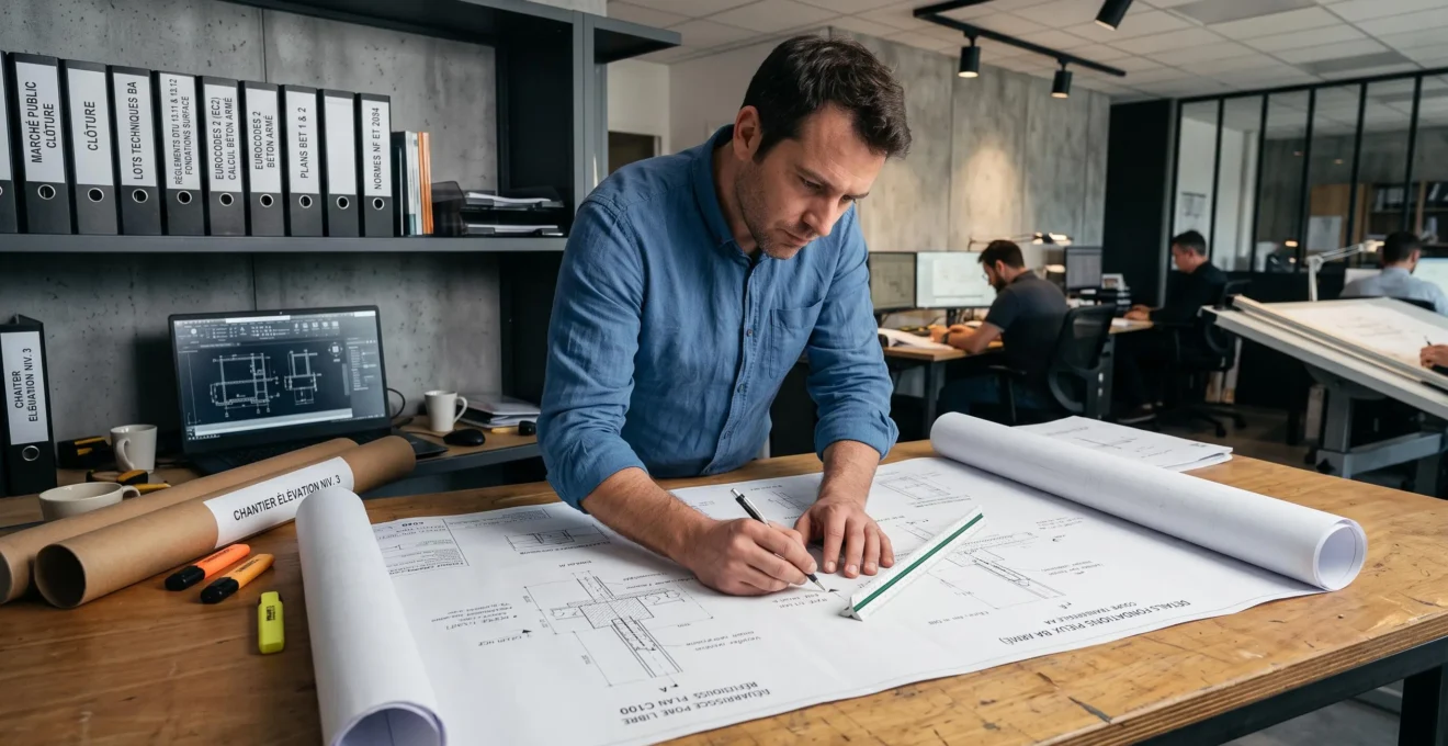 Ingénieur structure dans un bureau d'études techniques analysant et annotant des plans de fondations pour extension d'appartement avec règle d'architecte