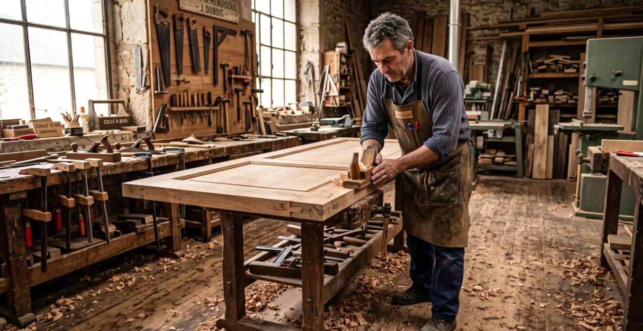 Artisan menuisier en train d'ajuster une porte intérieure massive en chêne sur établi dans atelier traditionnel français avec outils de menuiserie et lumière naturelle