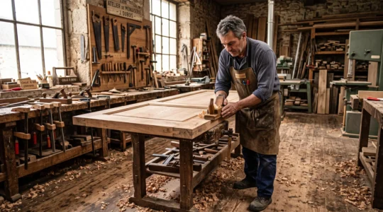 Artisan menuisier en train d'ajuster une porte intérieure massive en chêne sur établi dans atelier traditionnel français avec outils de menuiserie et lumière naturelle