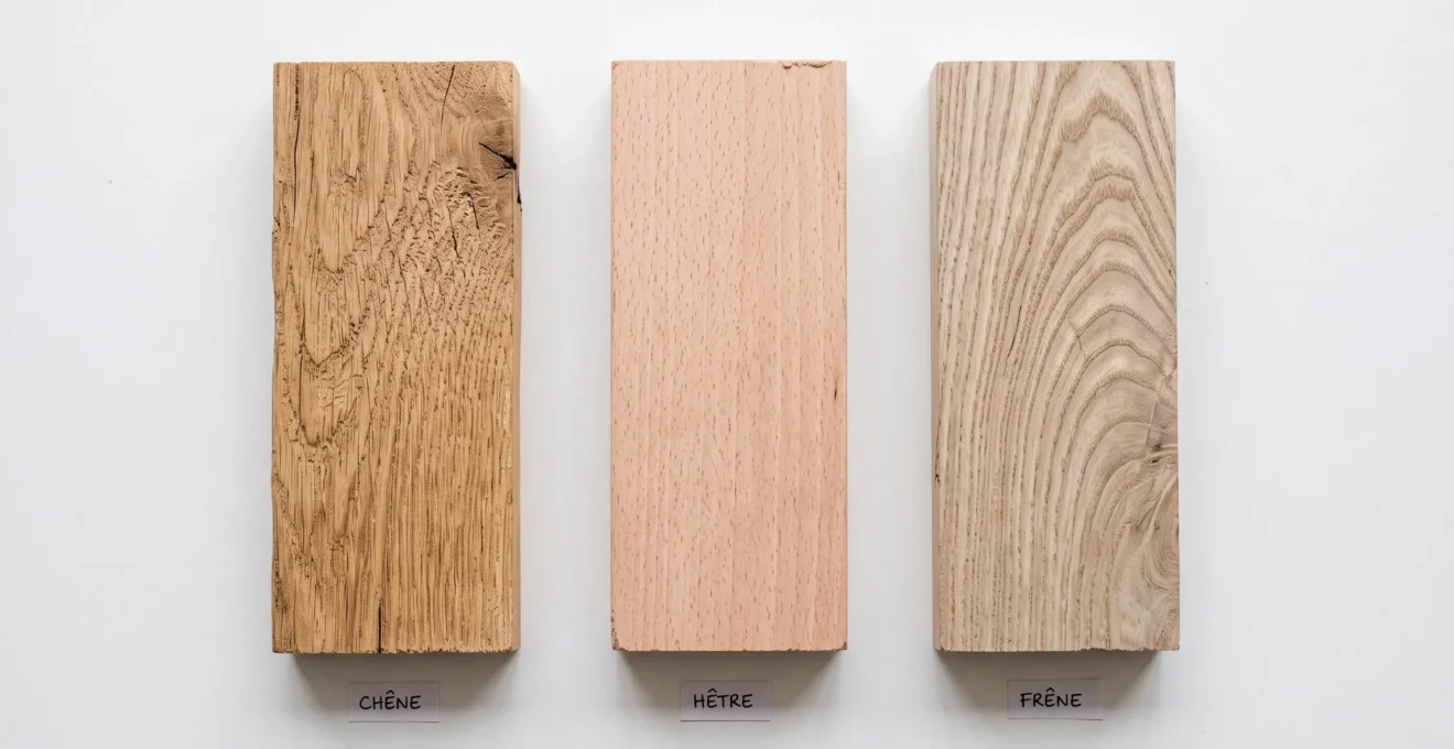 Trois échantillons de bois massif brut disposés côte à côte montrant les différences de grain et teinte entre chêne, hêtre et frêne
